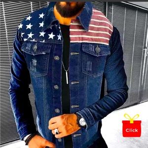 NWT!!! Mens vintage denim jacket w/ American flag print on front/ back; sz 3X